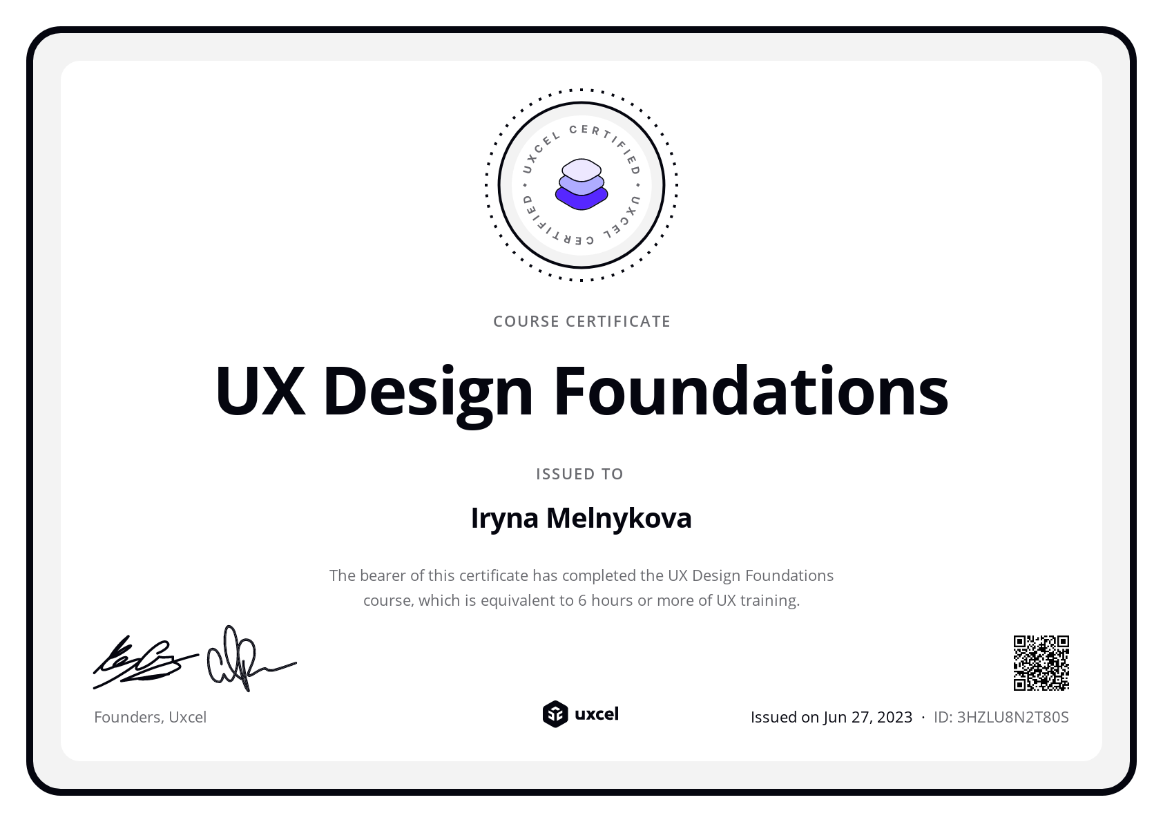 Iryna Melnykova's certificate